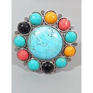 Western Boho Faux‎ Turquoise Stone Round Cabochon Red Black Bold Hinge Bracelet